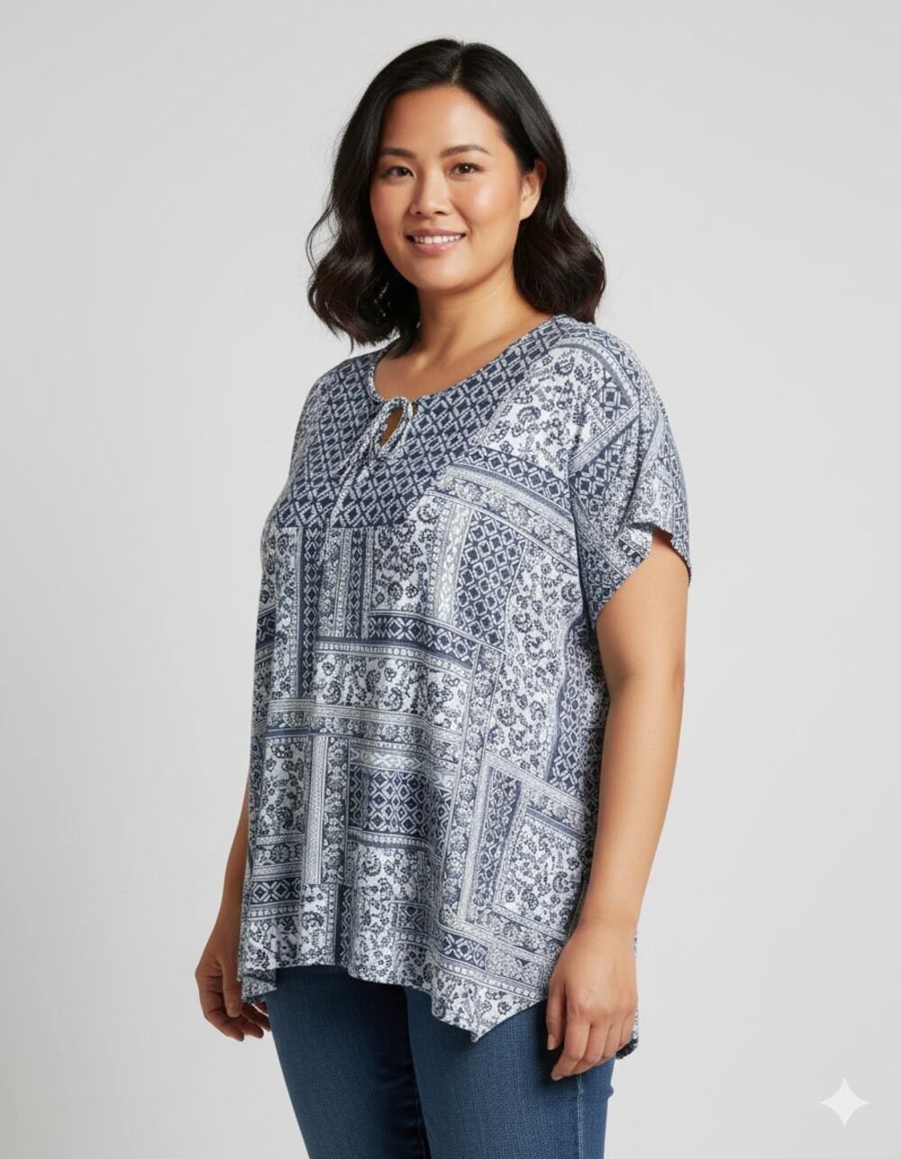 Notations Women 2x Blue/ White Patchwork Floral Lightweight Short Sleeve Blouse